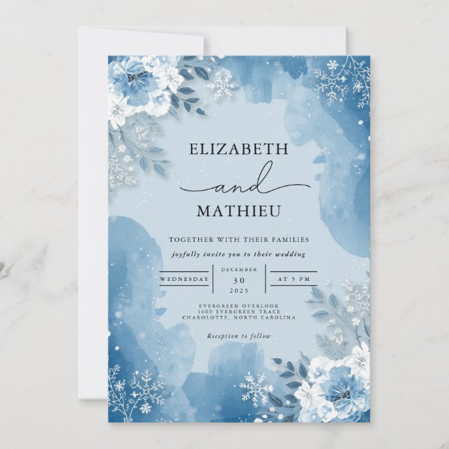 Icy Blue Frost Floral Winter Wedding Invitation (Front)
