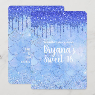 Icy Blue Glitter Drip Mermaid Sweet 16 Party Invitation