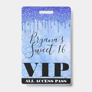 Icy Blue Glitter Drip Mermaid Sweet 16 VIP Pass ID Badge