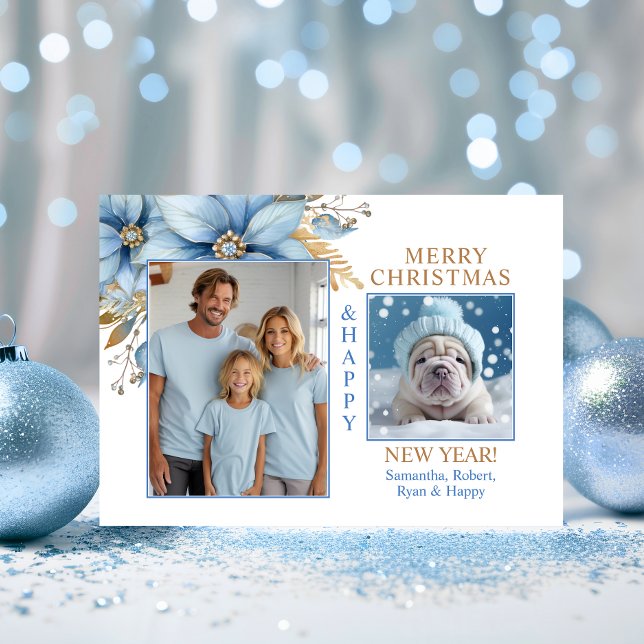 Icy Blue Gold Poinsettia Christmas | 2 PHOTO Holiday Card (Icy Blue Gold Poinsettia Christmas  2 PHOTO Holiday Card)