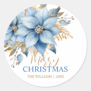  Icy Blue Gold Poinsettia Flower Christmas Classic Round Sticker
