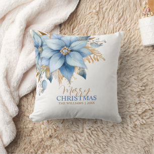 Icy Blue Gold Poinsettia Flower Christmas Cushion