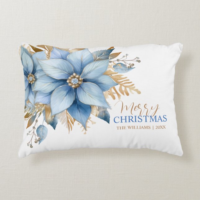  Icy Blue Gold Poinsettia Flower Christmas Decorative Cushion (Front)