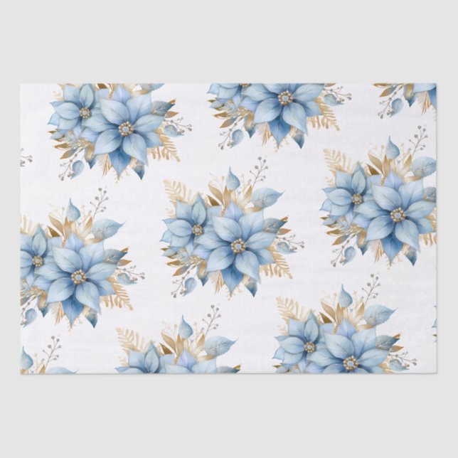 Icy Blue Gold Poinsettia Flower Christmas | NAME Tissue Paper (Front)
