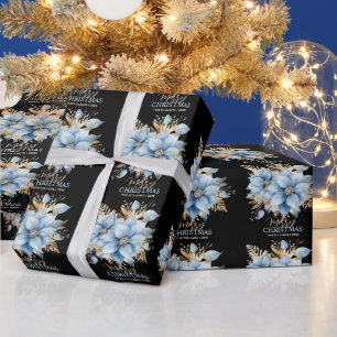 Icy Blue Gold Poinsettia Flower Christmas   NAME Wrapping Paper