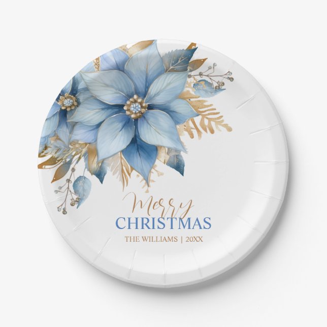  Icy Blue Gold Poinsettia Flower Christmas Paper Plate (Front)