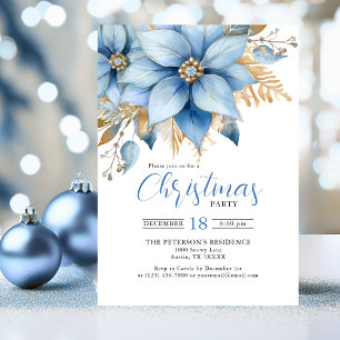 Icy Blue Gold Poinsettia Flower CHRISTMAS Party Invitation