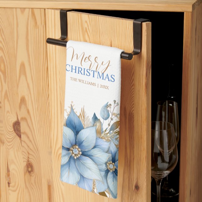  Icy Blue Gold Poinsettia Flower Christmas Tea Towel (Thirds Fold)