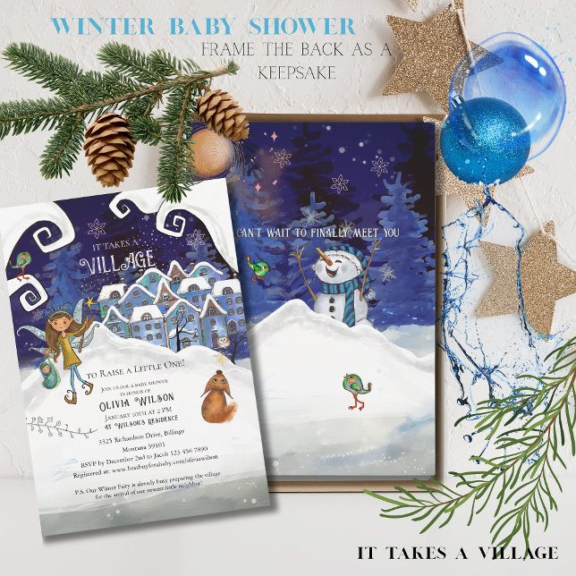 Icy Blue "It Takes a Village" Winter Baby Shower  Invitation (Icy Blue "It Takes a Village" Winter Baby Shower Invitation)