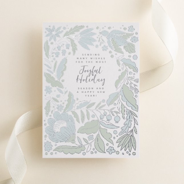 Icy Blue Joyful Holiday Folk Illustration (Folk art style flowers, vines and a peace dove shine on this white festive non-photo Christmas card)