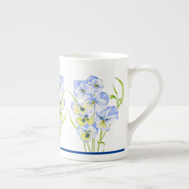 Icy Blue Pansies on a Bone China Mug (Right)
