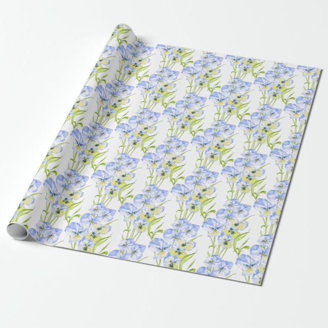 Icy Blue Pansies on Wrapping Paper (Unrolled)