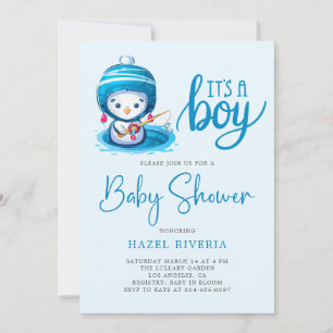 Icy Blue Penguin It’s a Boy Baby Shower Invitation