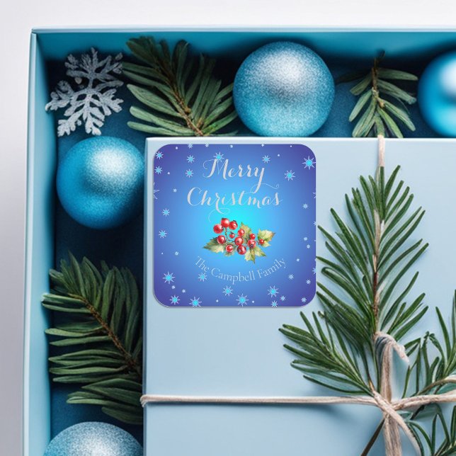 Icy Blue Red Holly Berries Merry Christmas  Square Sticker (Creator Uploaded)