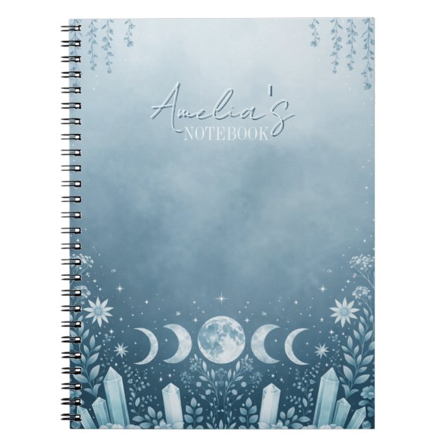 Icy Blue Silver Celestial Moon Phase Notebook  (Front)