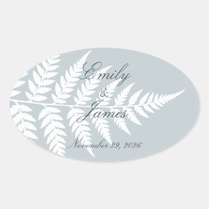 Icy Blue White Fern Refined Woodland Wedding Oval Sticker