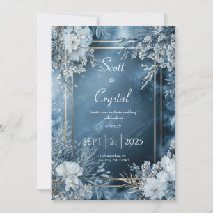 Icy Blue Winter Floral Wedding Invitation