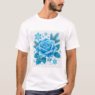 Icy Blue Winter Rose Christmas Floral Art T-Shirt