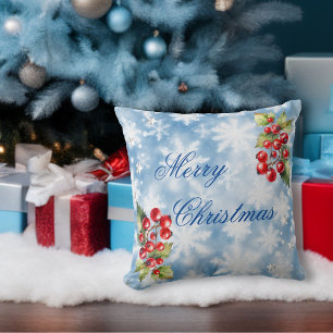 Icy Blue Winter Snowflakes & Holly Merry Christmas Cushion