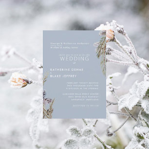Icy Blue Winter Snowy Pine Cones Wedding Invitation