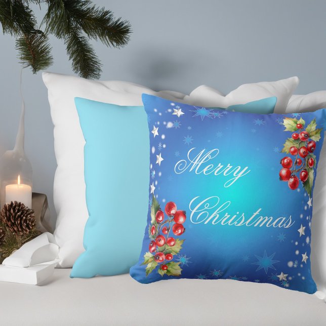 Icy Blue Winter Stars & Holly Merry Christmas Cushion (Front)