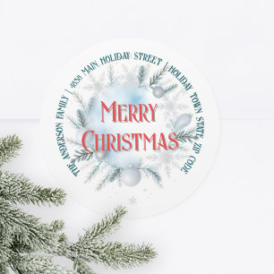 Icy Blue Winter Wreath Christmas Return Address Classic Round Sticker