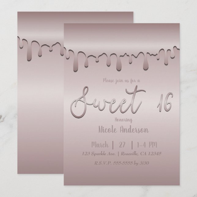 Icy Blush Rose Gold Pink Drip Sweet 16 Sixteen Invitation (Front/Back)