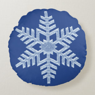 Icy Frozen Christmas Snowflake on Deep Blue Round Cushion