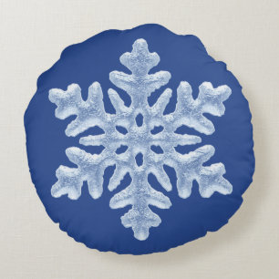 Icy Frozen Christmas Snowflake on Deep Blue Round Cushion
