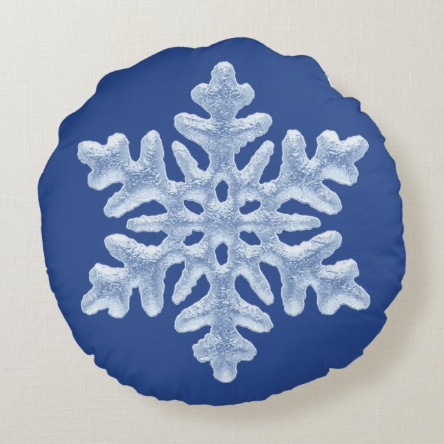 Icy Frozen Christmas Snowflake on Deep Blue Round Cushion (Back)