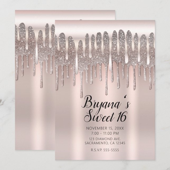 Icy Pink Rose Gold Diamond Glitter Drip Sweet 16 Invitation (Front/Back)