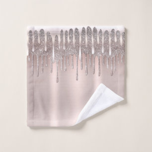 Icy Pink Rose Gold Diamond Glitter Sparkle Drip Bath Towel Set