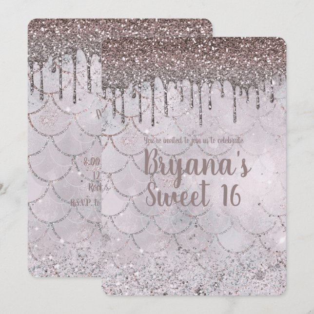Icy Pink Rose Gold Glitter Drip Mermaid Sweet 16 Invitation (Front/Back)