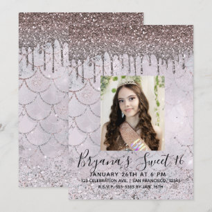 Icy Pink Rose Gold Glitter Drip Sweet 16 Photo Invitation