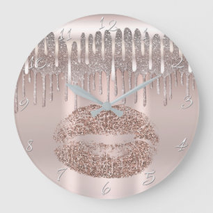 Icy Pink Rose Gold Lips Diamond Glitter Drip Large Clock