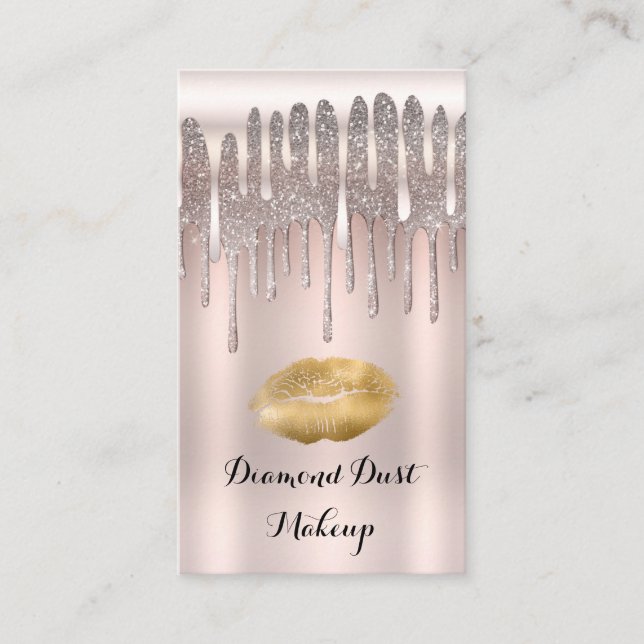 Icy Pink Rose Gold Lips Kiss Diamond Glitter Drip Business Card (Front)