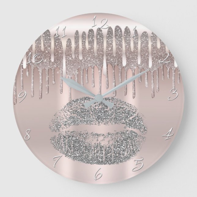 Icy Pink Rose Gold Silver Lips Glitter Drip Large Clock (Front)