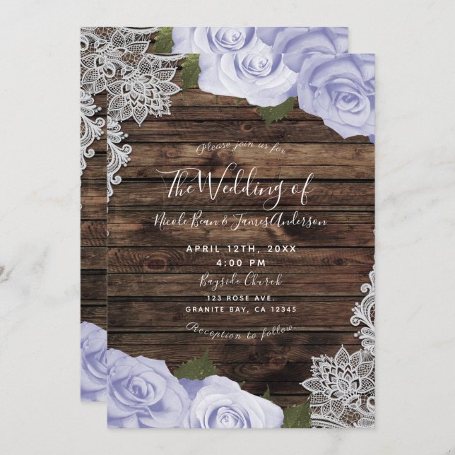 Icy Purple Floral Roses Rustic Wood & Lace Wedding Invitation (Front/Back)