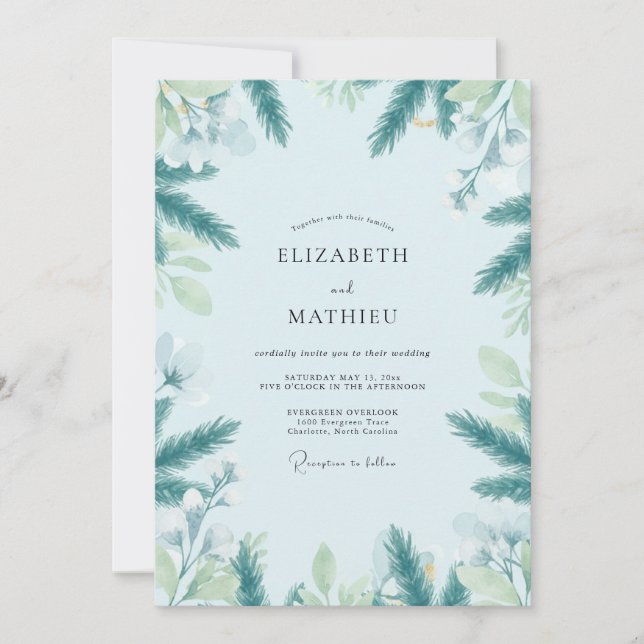 Icy Teal Evergreen Eucalyptus Wedding Invitation (Front)