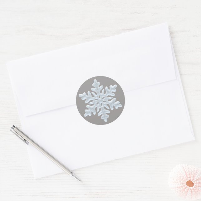 Icy White Frozen Snowflake Elegant Christmas Grey Classic Round Sticker (Envelope)