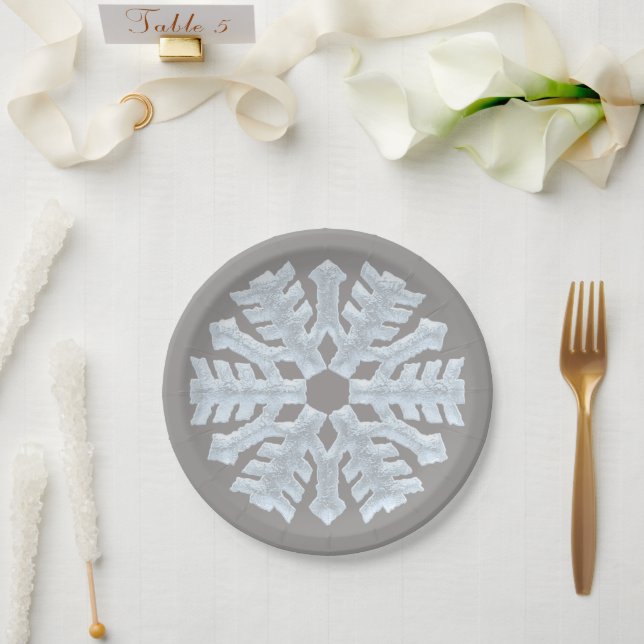 Icy White Frozen Snowflake Elegant Grey Christmas Paper Plate (Wedding)