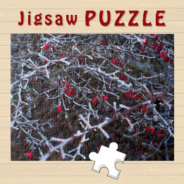 Icy Winter Bush Red Berries aesthetic Photo Jigsaw Puzzle