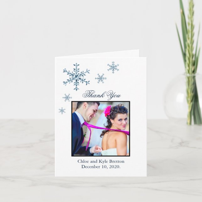 Icy Winter Snowflake Wedding Thank You Card (Front)