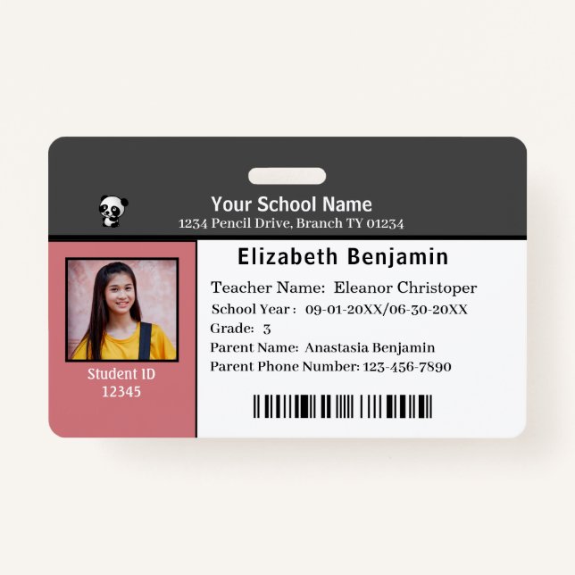 ID Identification Card Bar Code Student School ID Badge (Front)