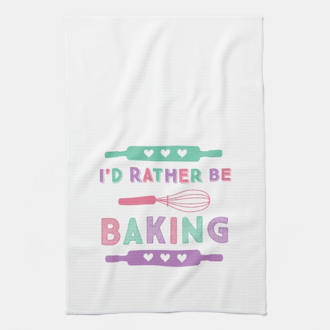 I'd Rather be Baking Pink Purple Tea Towel (Vertical)