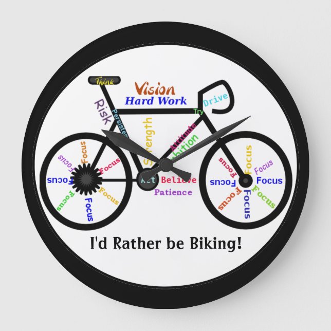 I'd Rather be Biking, Bikes with Motivational Word Large Clock (Front)