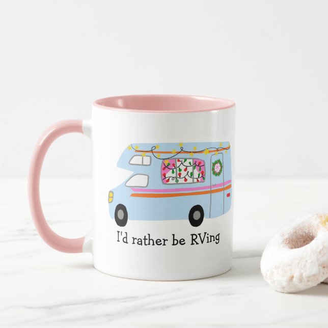 I'd rather be RVing Retro Christmas Camper CUSTOM Mug (With Donut)
