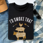 I'd Smoke That Funny BBQ Meat Grill Gift for Dad T-Shirt<br><div class="desc">This fun & vintage "I'd Smoke That" black and dark colour funny t-shirt gift for men, featuring retro grilling utensils, cow, pig, and chicken butcher cuts and distressed typography is the perfect Christmas, Birthday, or Father's Day gift for the BBQ grill and meat smoker lover in your life! Design lovingly...</div>