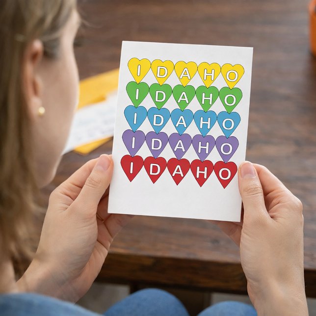 Idaho Bright Geometric Hearts Postcard (A postcard with colorful hearts that say Idaho)