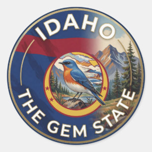 💎 Idaho Flag and Mountain Bluebird Gem Heritage Classic Round Sticker